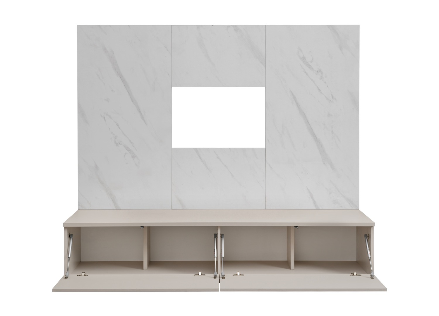Vue ouverte et rangements de Ensemble TV mural 180 cm cachemire et effet marbre Bianco Glam
