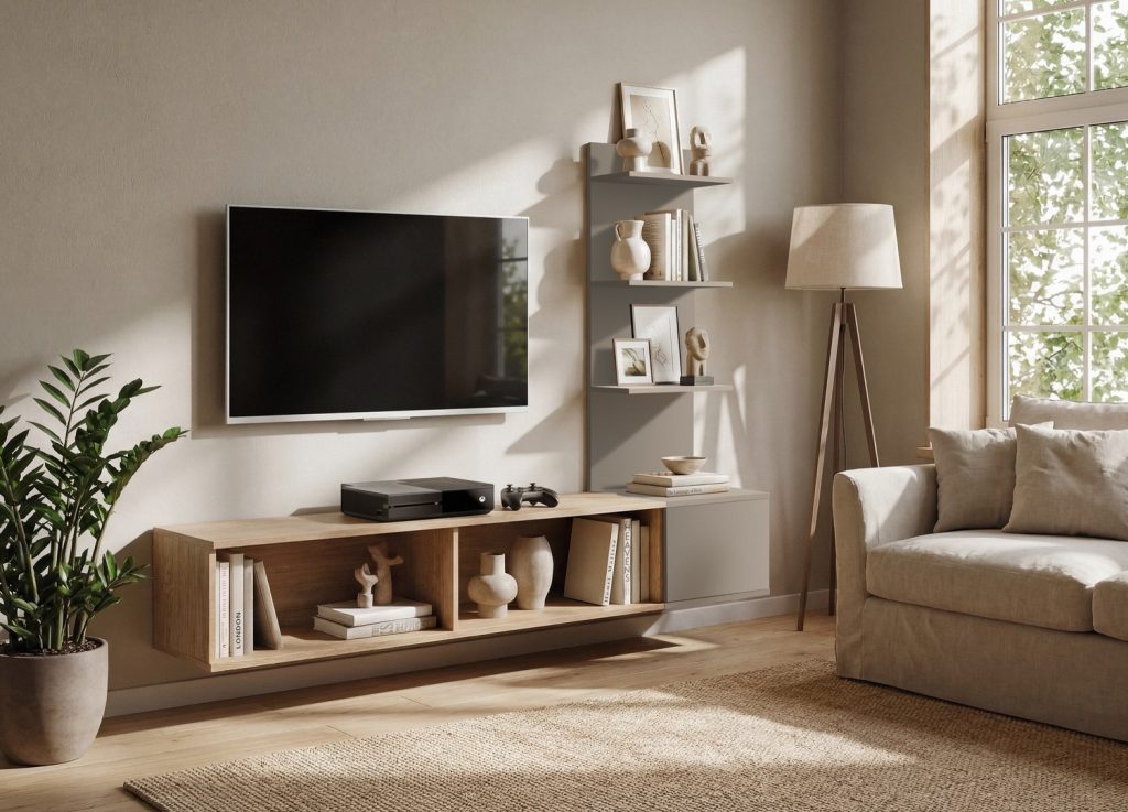 Vue d’ensemble de Ensemble TV mural 180 cm chêne Cremona et gris argile Joy