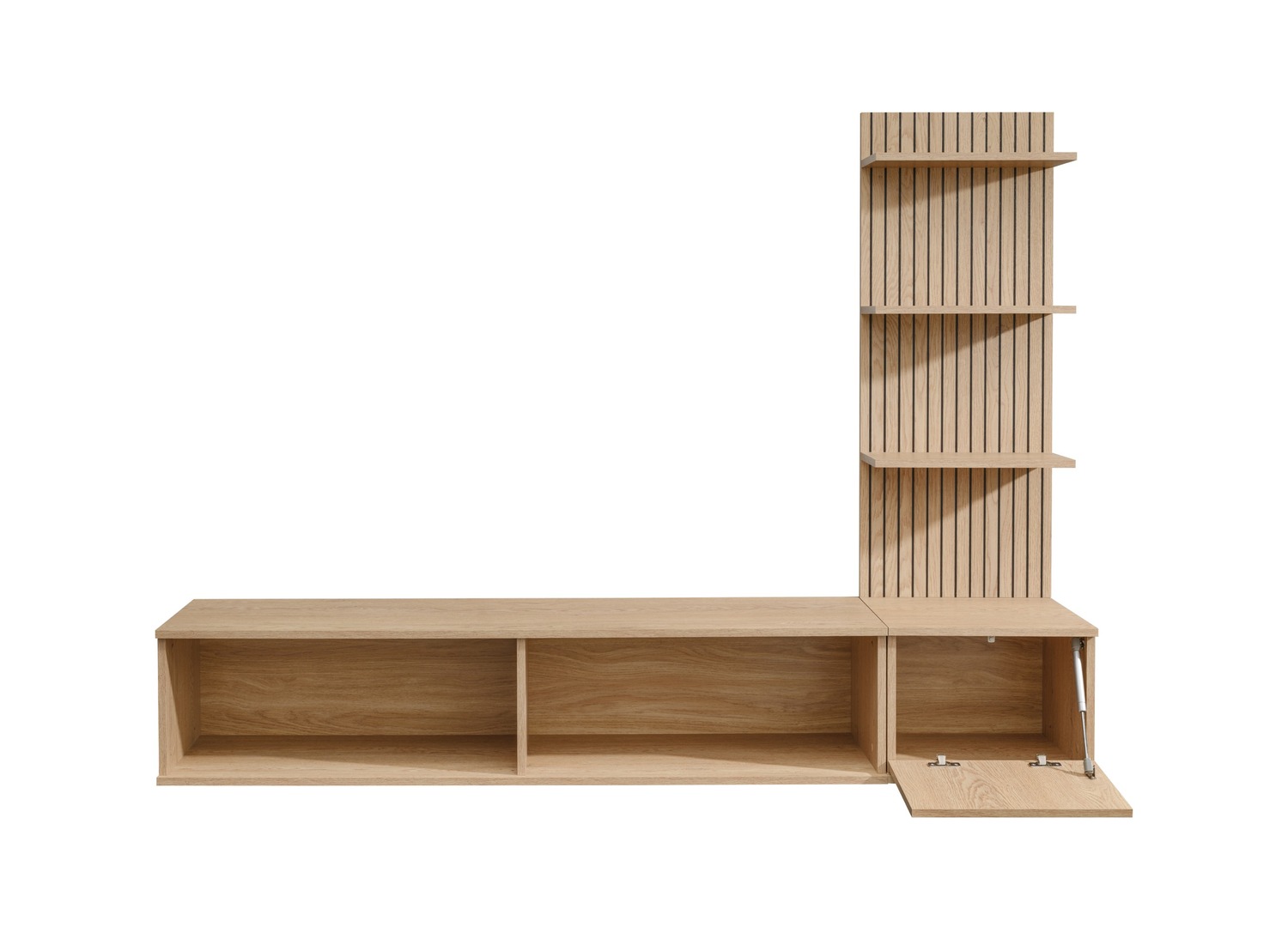 Vue ouverte et rangements de Ensemble TV mural 180 cm chêne Cremona Joy