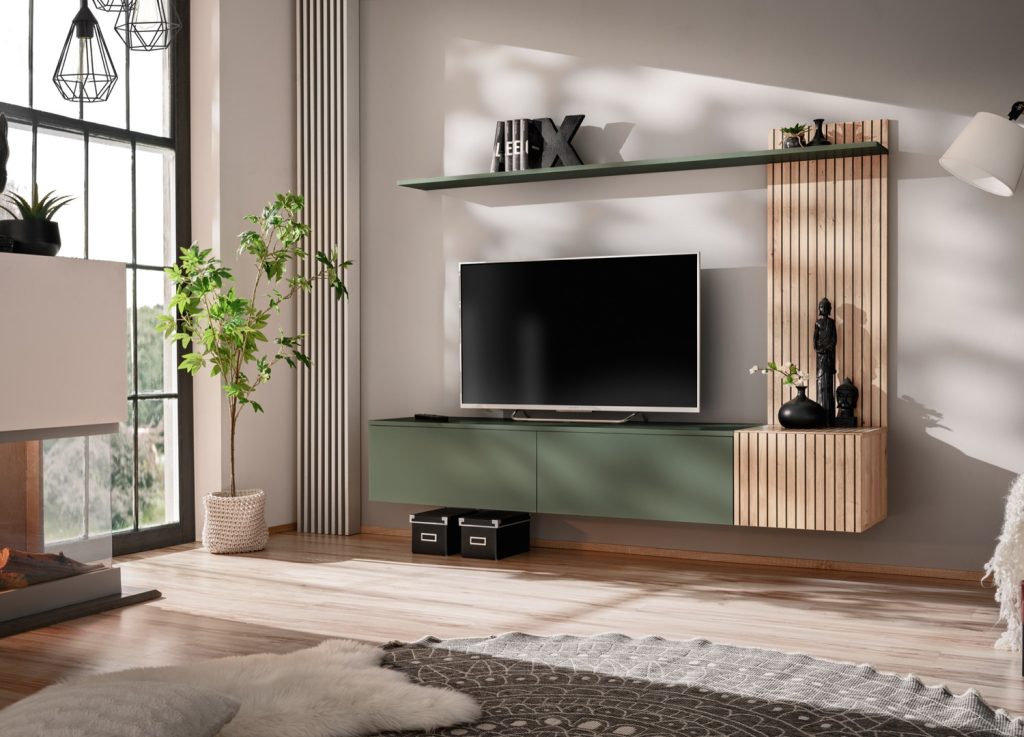 Vue d’ensemble de Ensemble TV mural 180 cm hickory Jackson et vert Solo