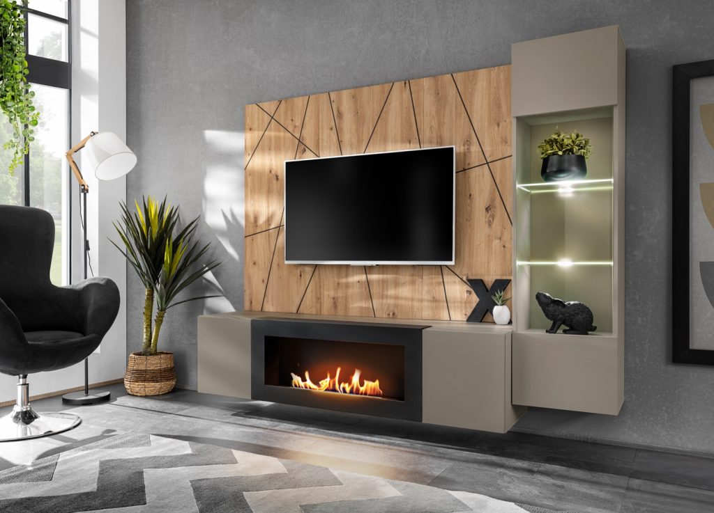 Vue d’ensemble de Ensemble TV mural 200 cm gris argile et chêne artisan Xari G-K