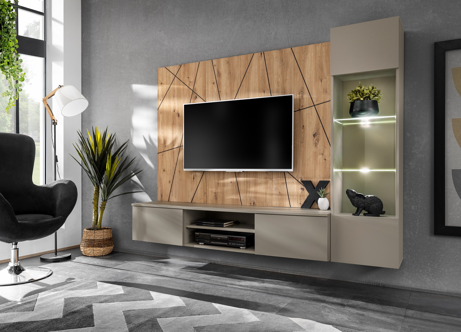 Vue d’ensemble de Ensemble TV mural 200 cm gris argile et chêne artisan Xari G