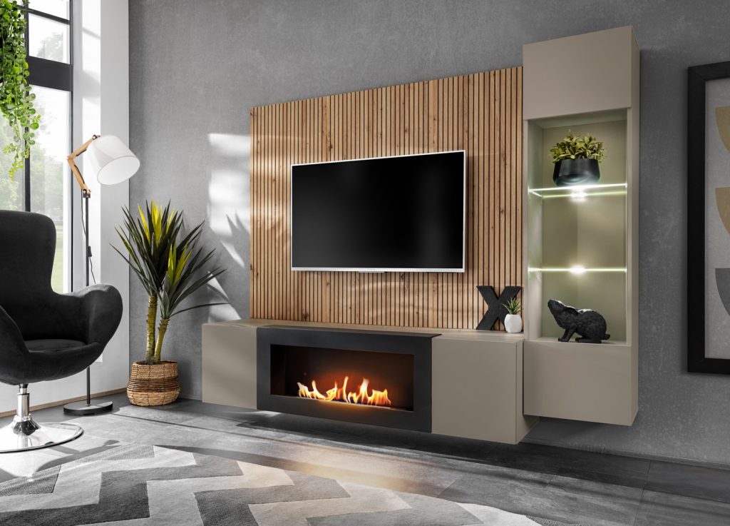 Vue d’ensemble de Ensemble TV mural 200 cm gris argile et chêne artisan Xari L-K