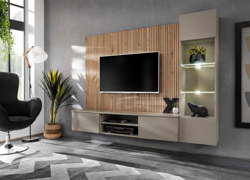Vue d’ensemble de Ensemble TV mural 200 cm gris argile et chêne artisan Xari L