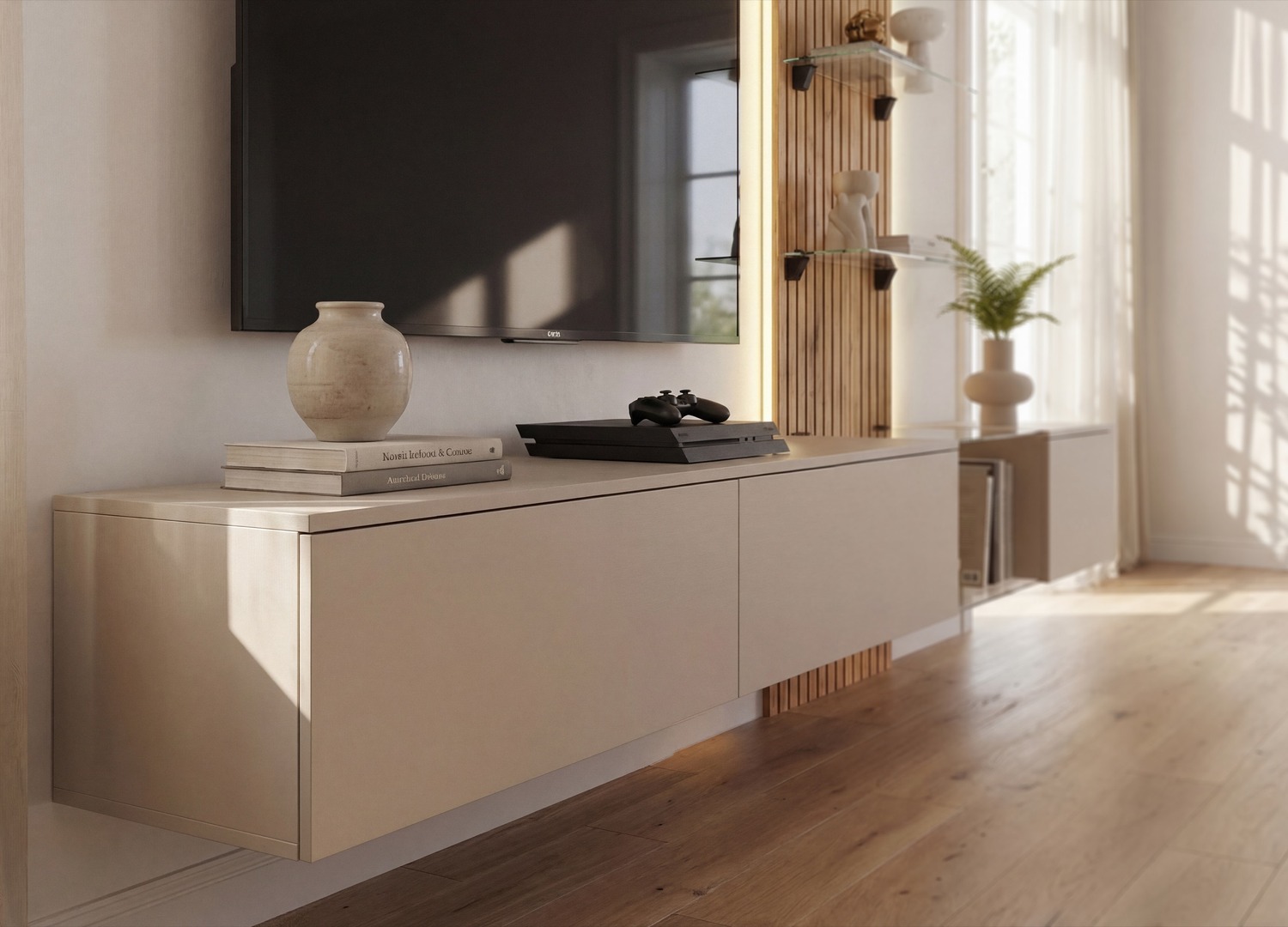 Détail des façades de Ensemble TV mural 220 cm gris argile et chêne Coast Evoke Luzz