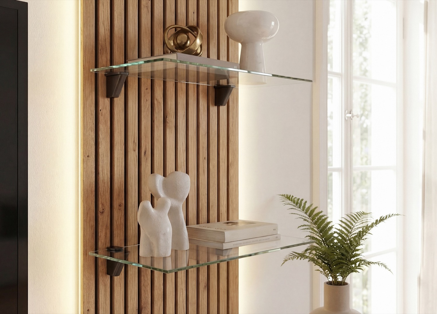 Détail des rangements de Ensemble TV mural 220 cm gris argile et chêne Coast Evoke Luzz