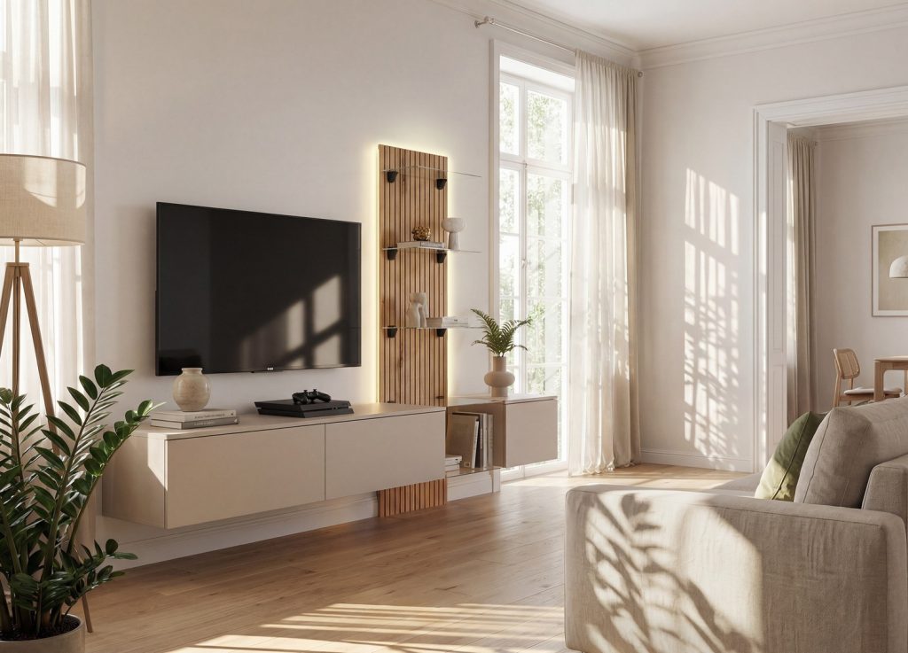 Vue d’ensemble de Ensemble TV mural 220 cm gris argile et chêne Coast Evoke Luzz