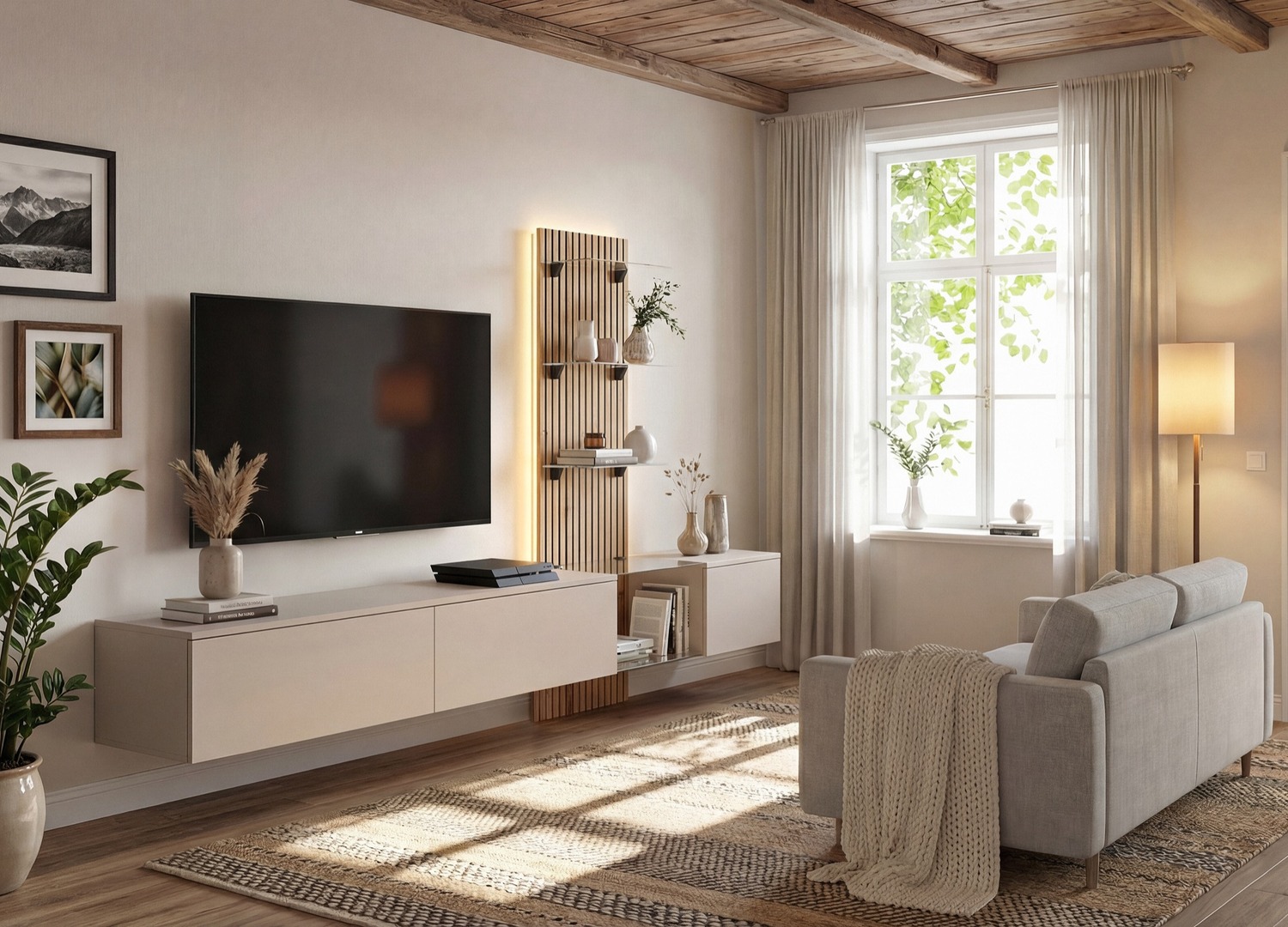 Vue ouverte et rangements de Ensemble TV mural 220 cm gris argile et chêne Coast Evoke Luzz