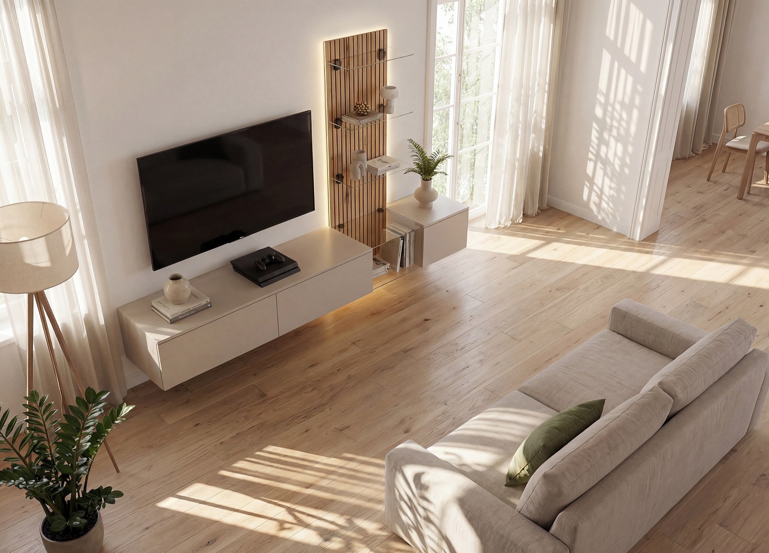 Vue produit de Ensemble TV mural 220 cm gris argile et chêne Coast Evoke Luzz