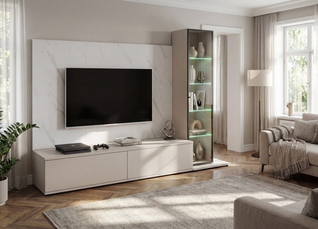 Vue d’ensemble de Ensemble TV mural 240 cm cachemire et effet marbre Bianco Glam I