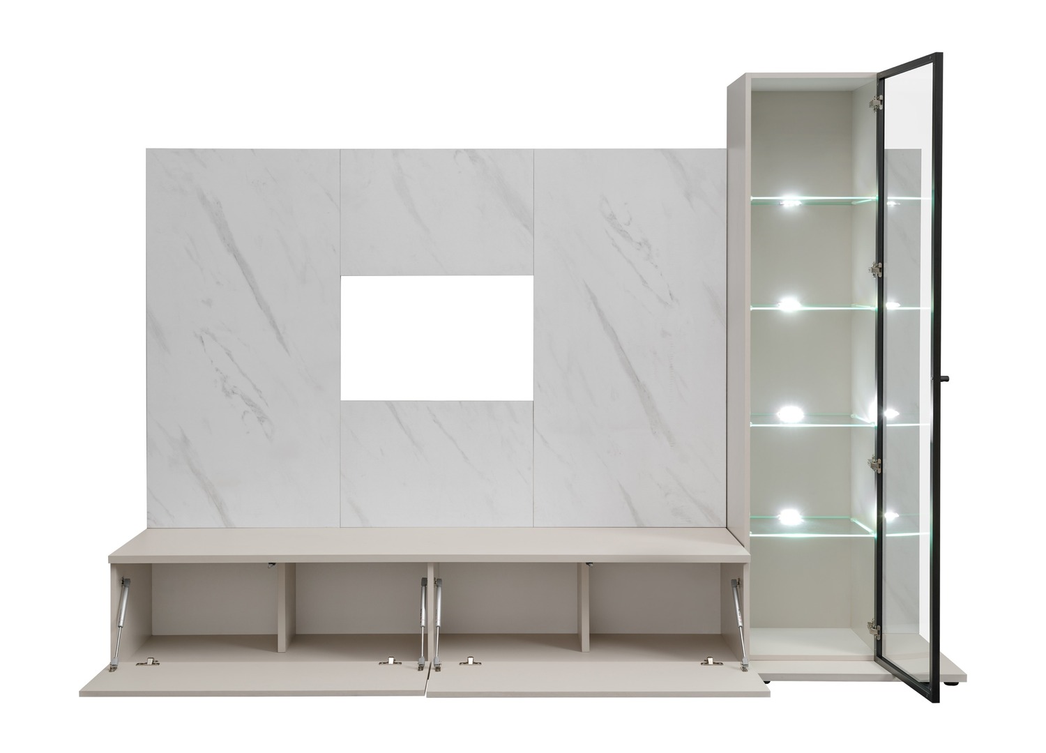 Vue ouverte et rangements de Ensemble TV mural 240 cm cachemire et effet marbre Bianco Glam I