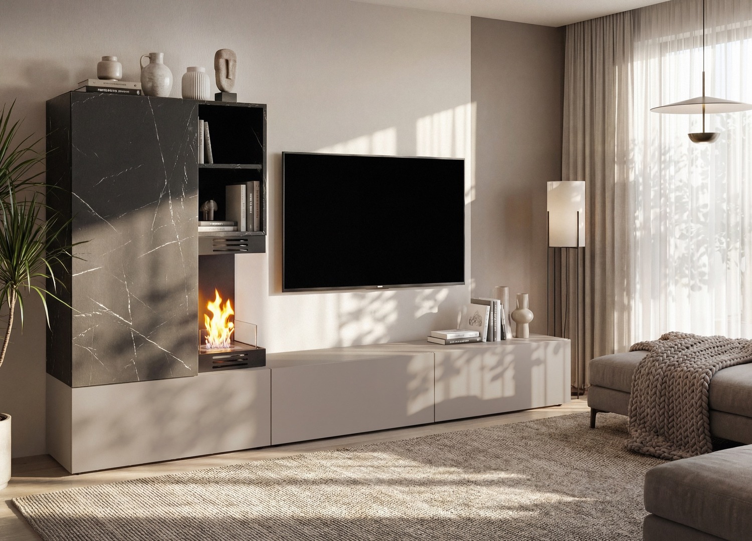 Vue d’ensemble de Ensemble TV mural 270 cm gris argile et effet marbre noir avec cheminée bioéthanol Gina