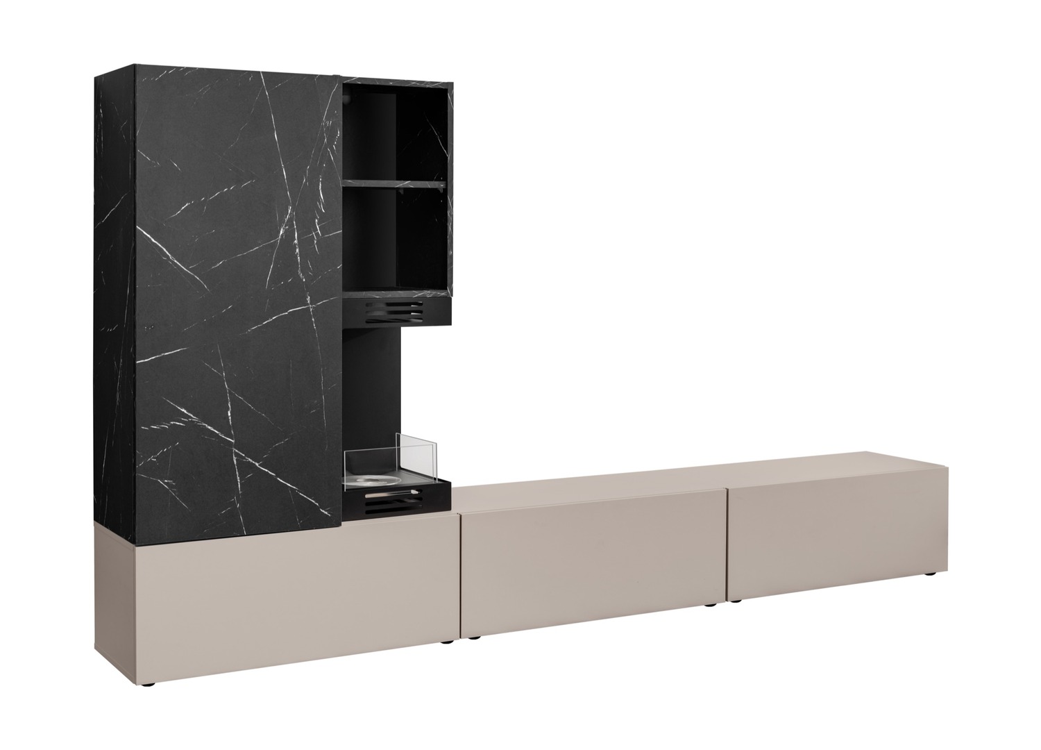 Vue produit de Ensemble TV mural 270 cm gris argile et effet marbre noir avec cheminée bioéthanol Gina