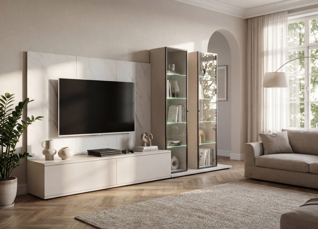 Vue d’ensemble de Ensemble TV mural 300 cm cachemire et effet marbre Bianco Glam II