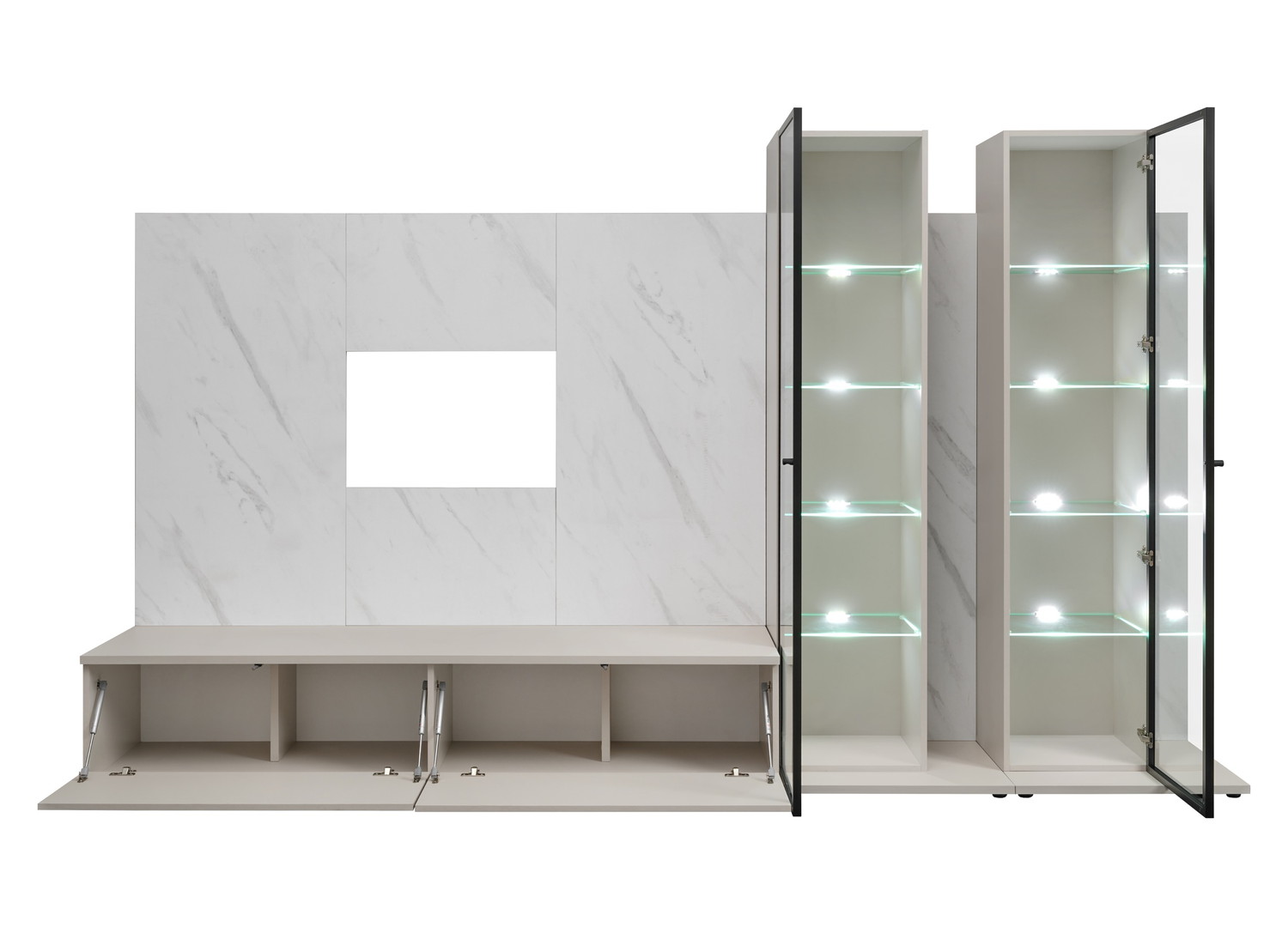 Vue ouverte et rangements de Ensemble TV mural 300 cm cachemire et effet marbre Bianco Glam II