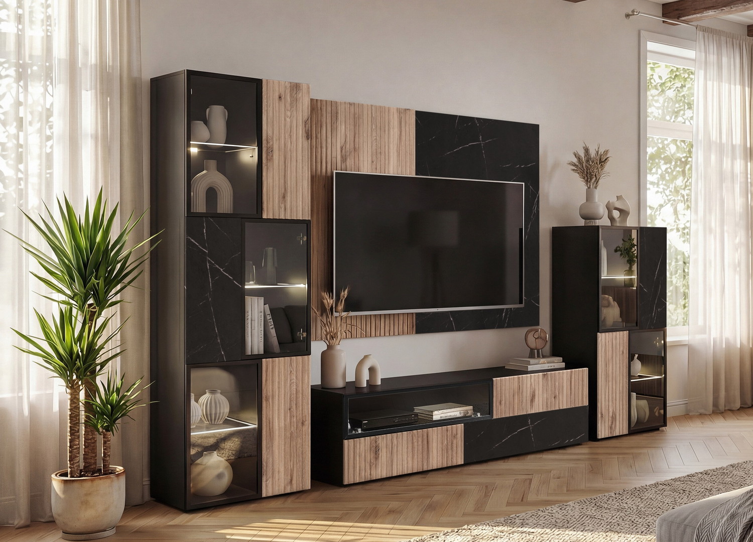 Vue d’ensemble de Ensemble TV mural 300 cm noir, chêne Vicking et effet marbre noir Cannes