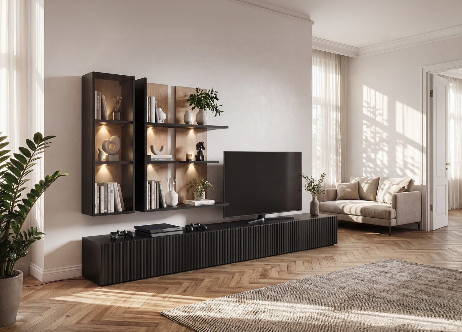 Vue produit de Ensemble TV mural 300 cm noir et chêne Vicking Soul