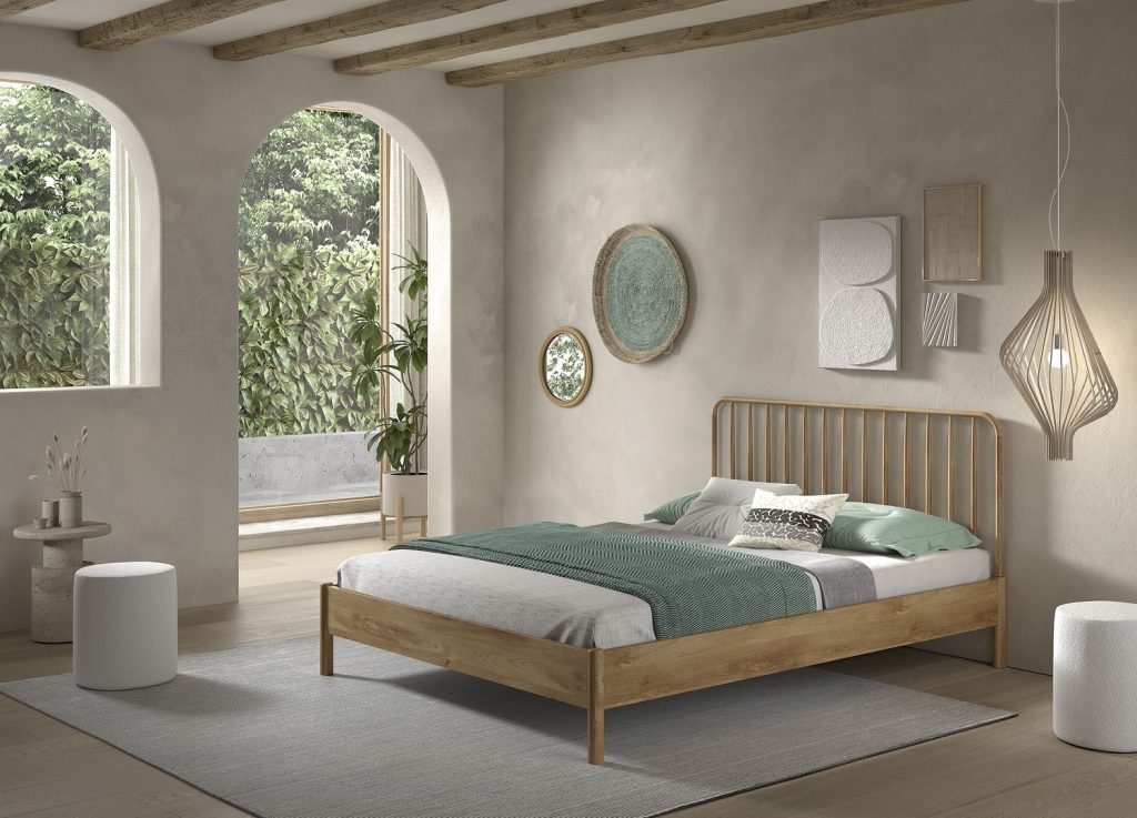 Lit ado 160x200 cm chêne à barreaux OLIVE M mis en scène dans une chambre naturelle
