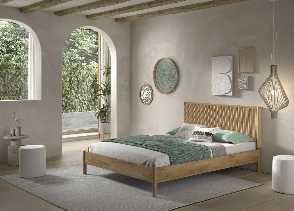 Lit ado 160x200 cm chêne et corde tressée OLIVE M mis en scène dans une chambre naturelle