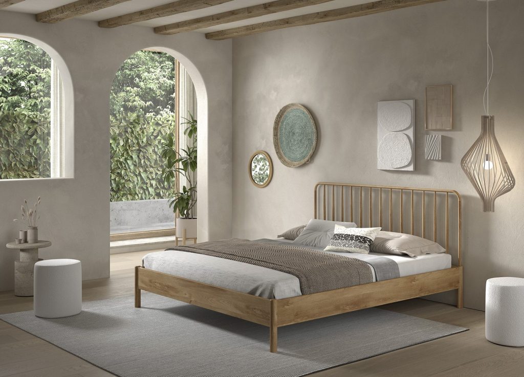 Lit ado 180x200 cm chêne à barreaux OLIVE M mis en scène dans une chambre naturelle