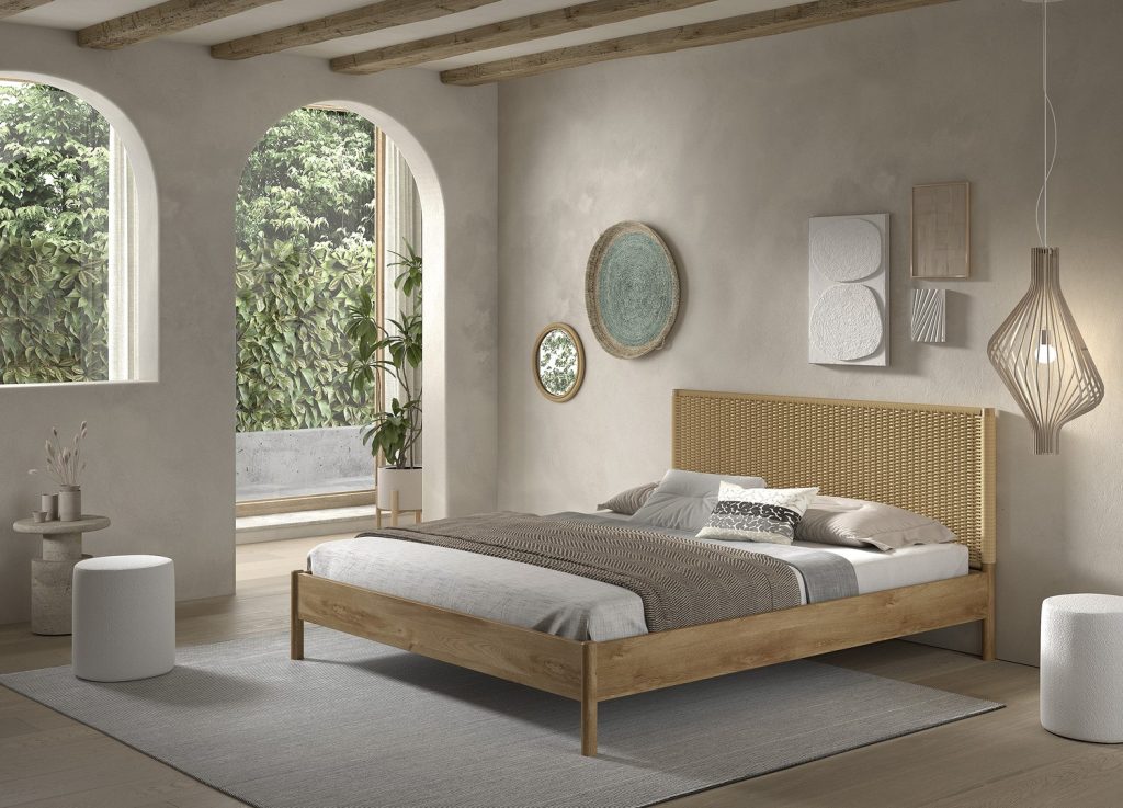 Lit ado 180x200 cm chêne et corde tressée OLIVE M mis en scène dans une chambre naturelle
