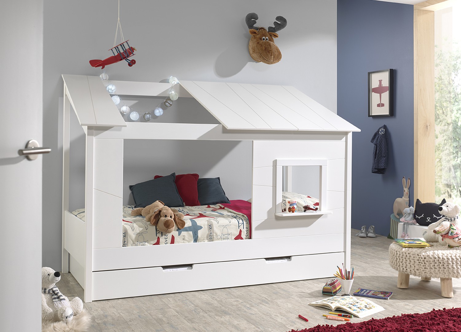 Lit cabane 90x200 avec fenêtre et lit gigogne Housebed