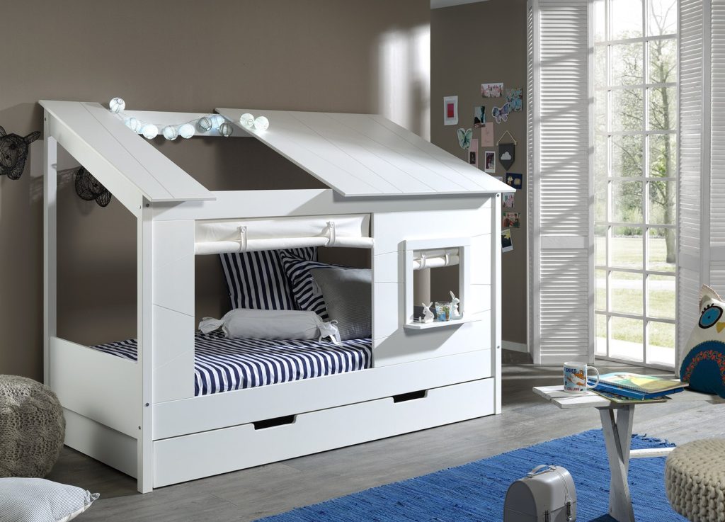 Lit cabane 90x200 avec textile et lit gigogne Housebed