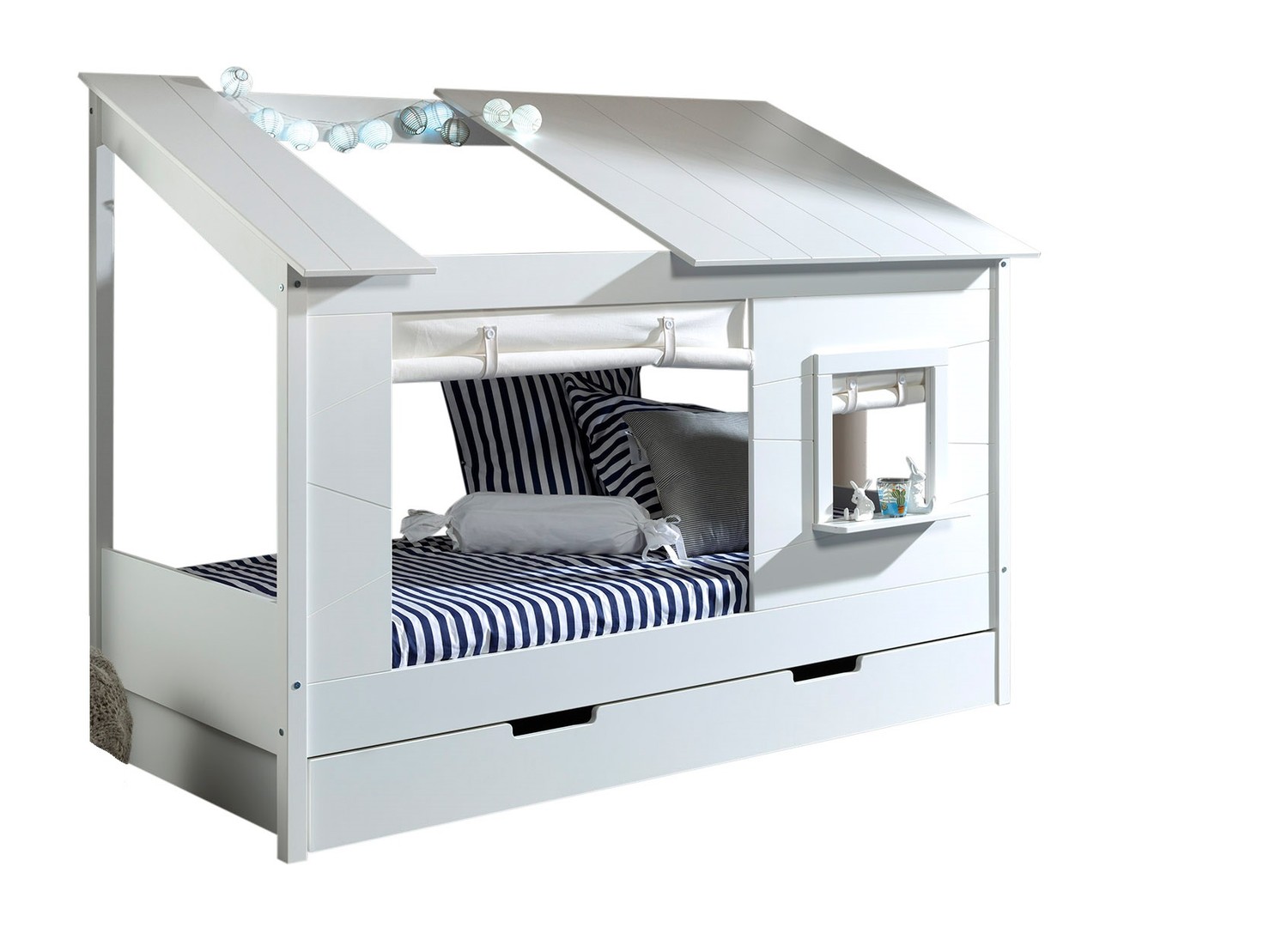 Lit cabane 90x200 avec textile et lit gigogne Housebed – Image 2