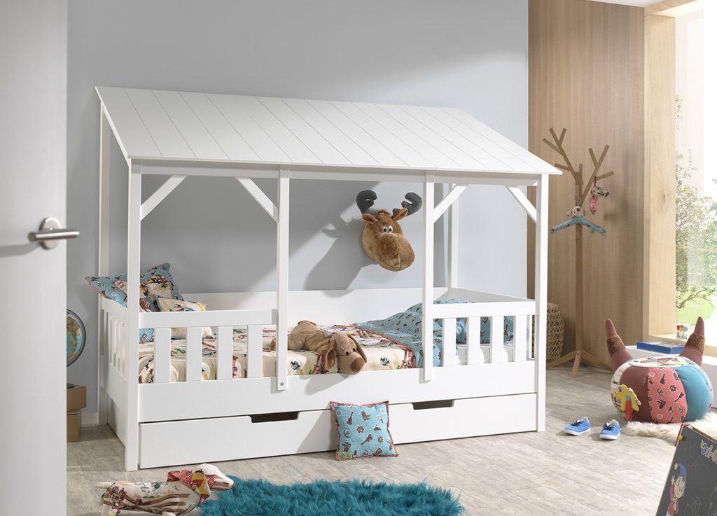 Lit cabane 90x200 toit blanc avec lit gigogne Housebed