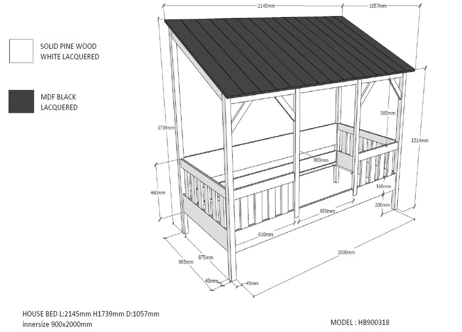 Lit cabane 90x200 toit blanc avec lit gigogne Housebed – Image 3