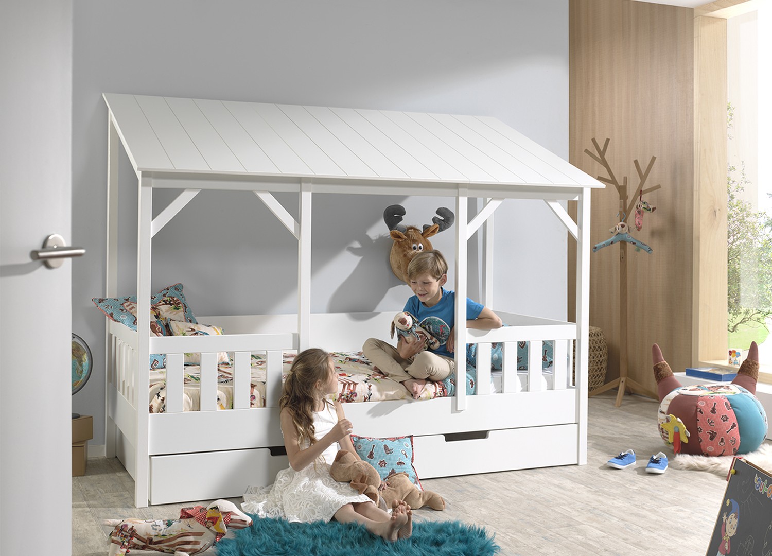 Lit cabane 90x200 toit blanc avec lit gigogne Housebed – Image 6