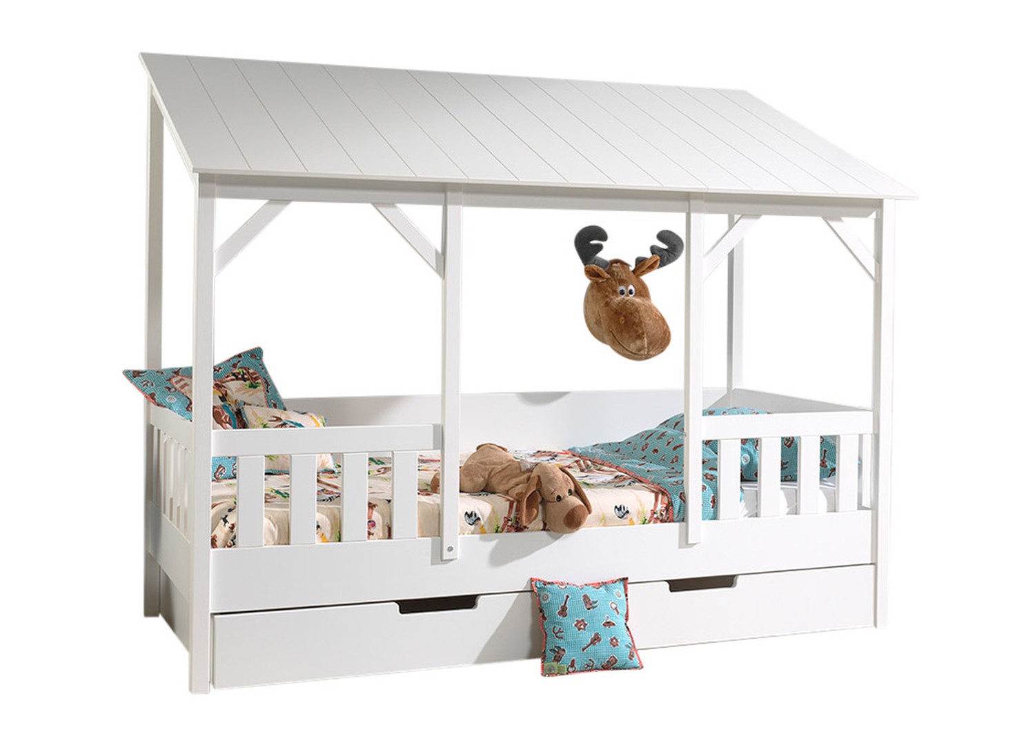 Lit cabane 90x200 toit blanc avec lit gigogne Housebed – Image 2