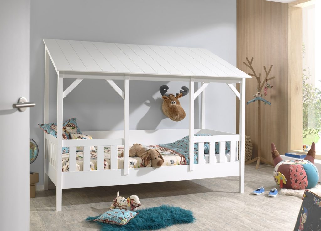 Lit cabane 90x200 toit blanc avec sommier et matelas Housebed