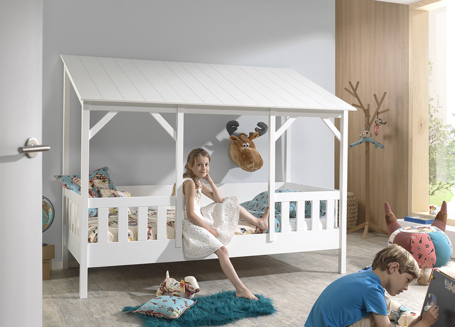 Lit cabane 90x200 toit blanc avec sommier Housebed – Image 4