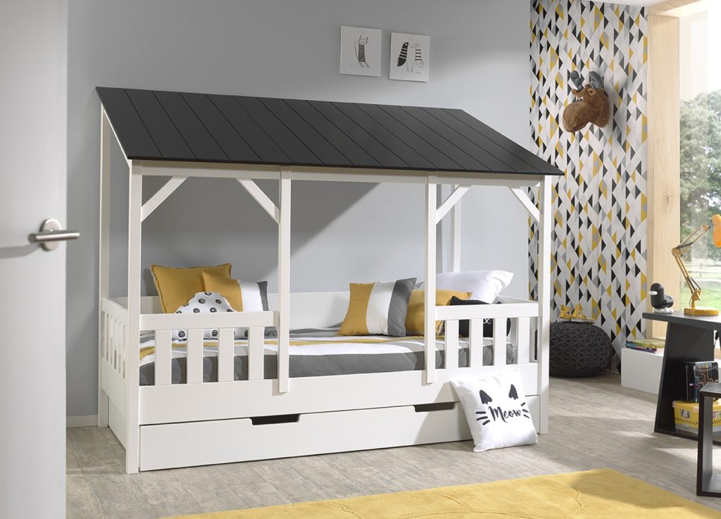 Lit cabane 90x200 toit noir avec lit gigogne Housebed