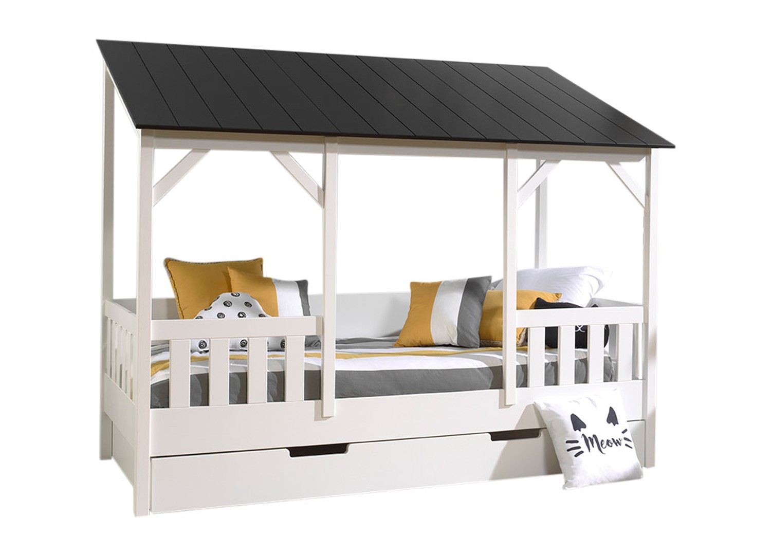Lit cabane 90x200 toit noir avec lit gigogne Housebed – Image 2