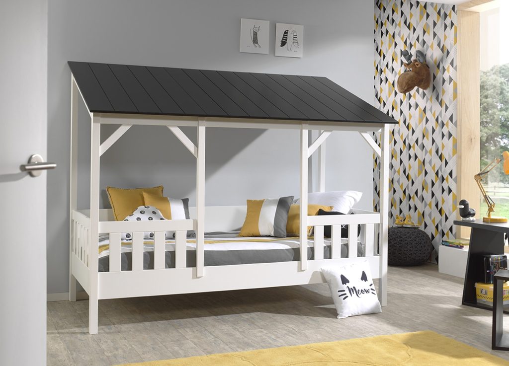 Lit cabane 90x200 toit noir avec sommier et matelas Housebed