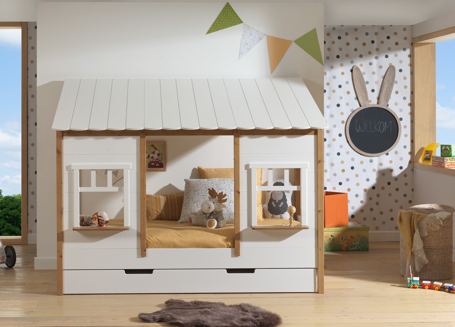 Lit cabane enfant 90x200 avec lit gigogne Housebed