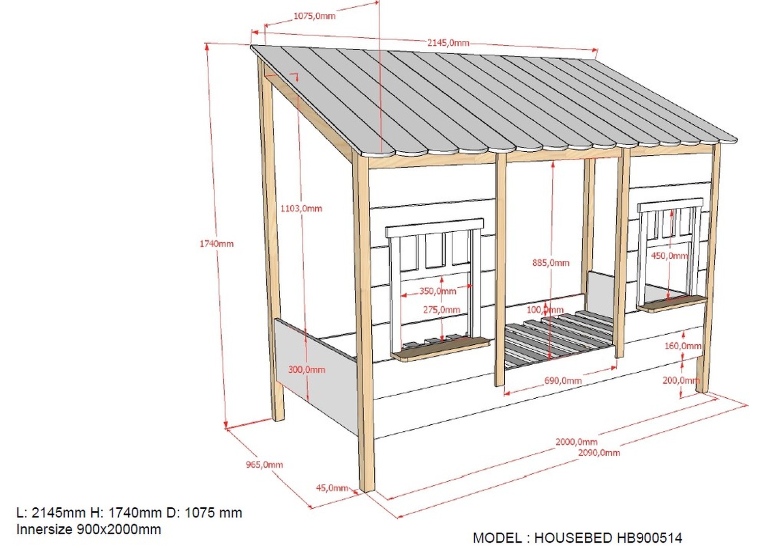 Lit cabane enfant 90x200 avec lit gigogne Housebed – Image 3