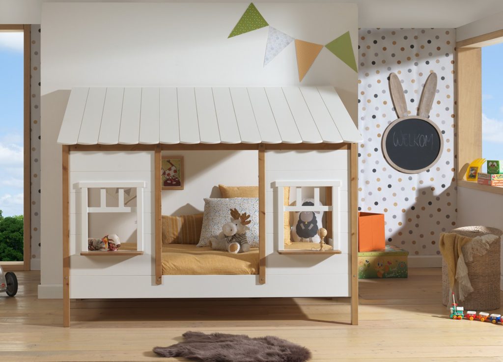 Lit cabane enfant 90x200 blanc et bois Housebed