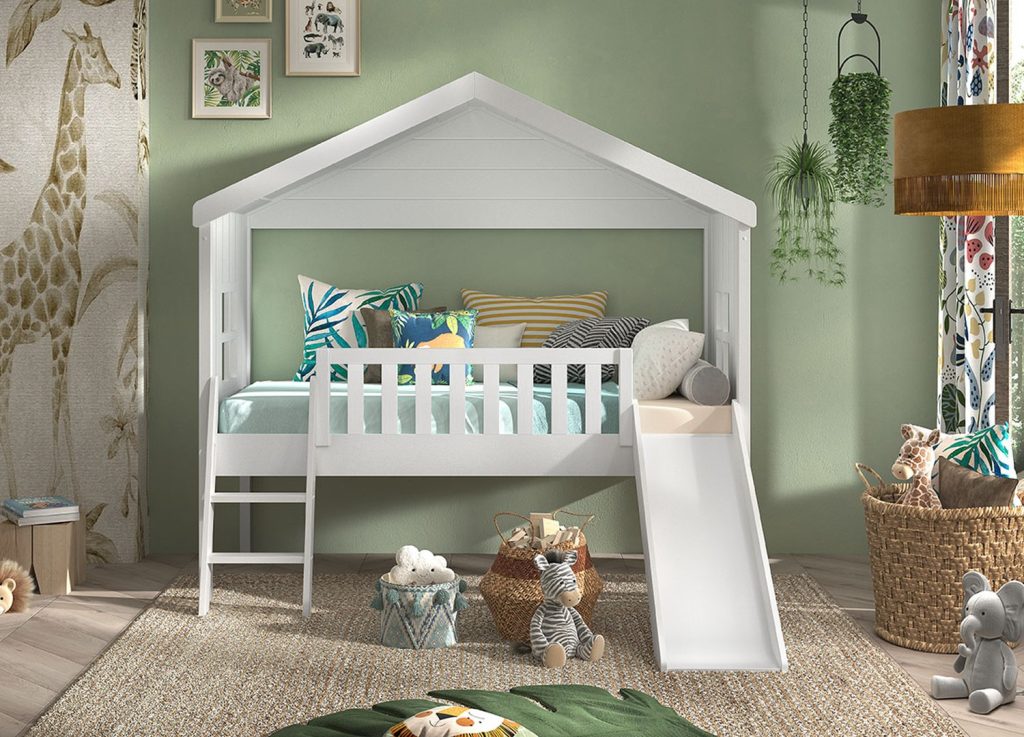 Lit cabane surélevé 90x200 avec toboggan Housebed
