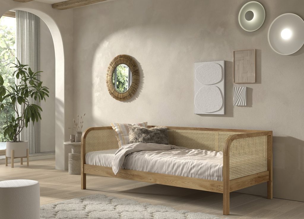 Lit capitaine ado 90x200 cm chêne et rotin Olive