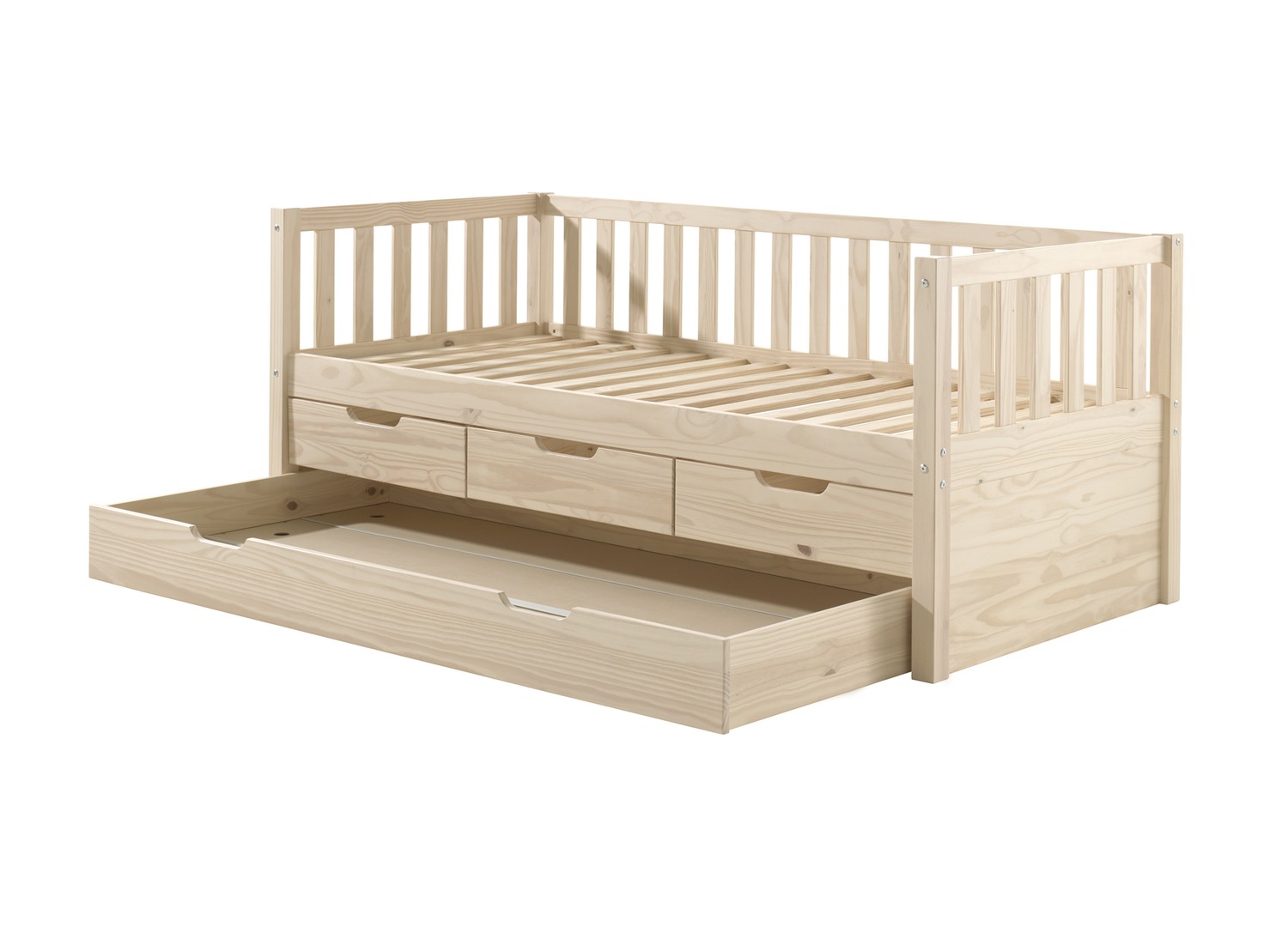 Lit Fritz Pine naturel avec lit gigogne 90x190 déployé