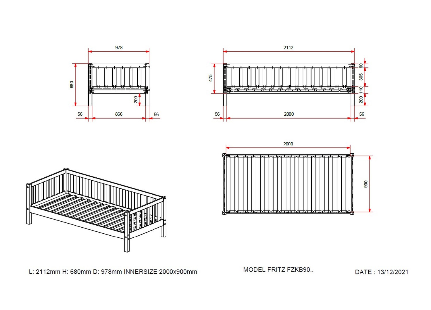 Dimensions du lit principal blanc Fritz Pine 90x200