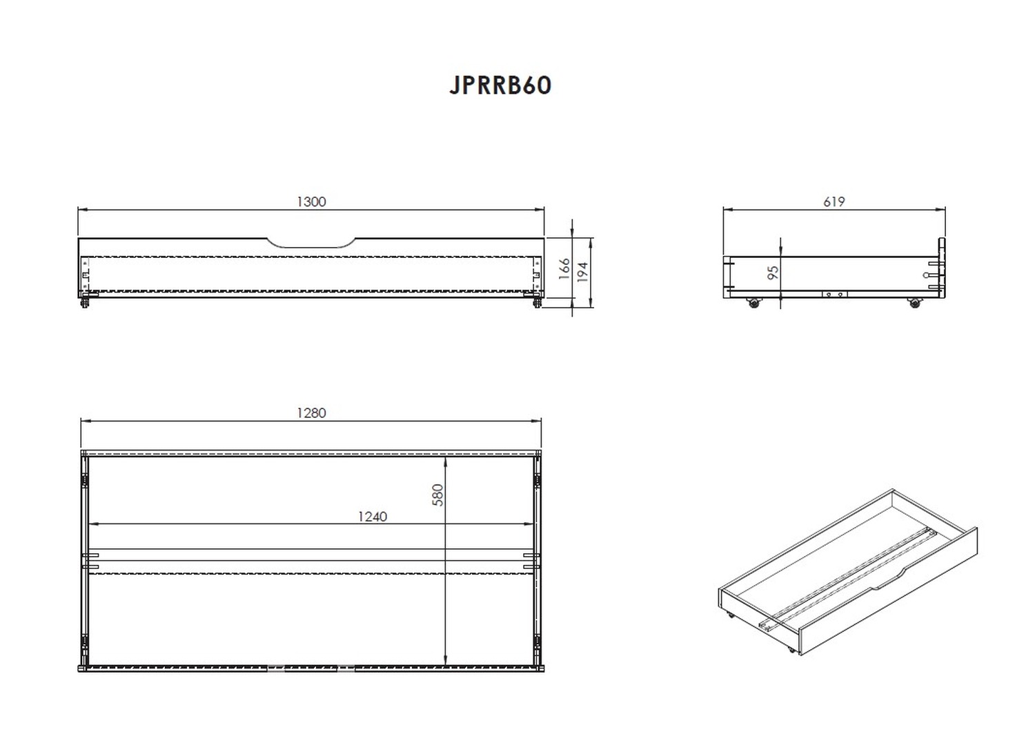Plan coté du tiroir de rangement Jumper