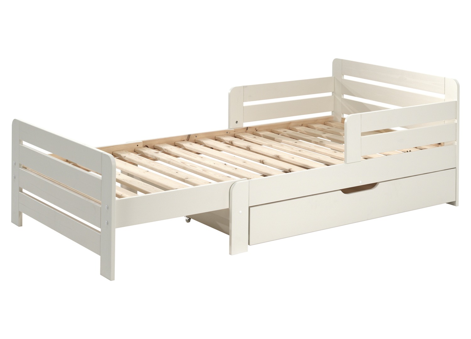 Lit Jumper blanc avec tiroir de rangement partiellement ouvert