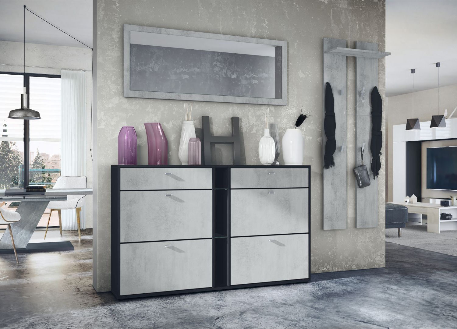 Meuble à chaussures aspect béton et noir au design moderne avec rangements fermés