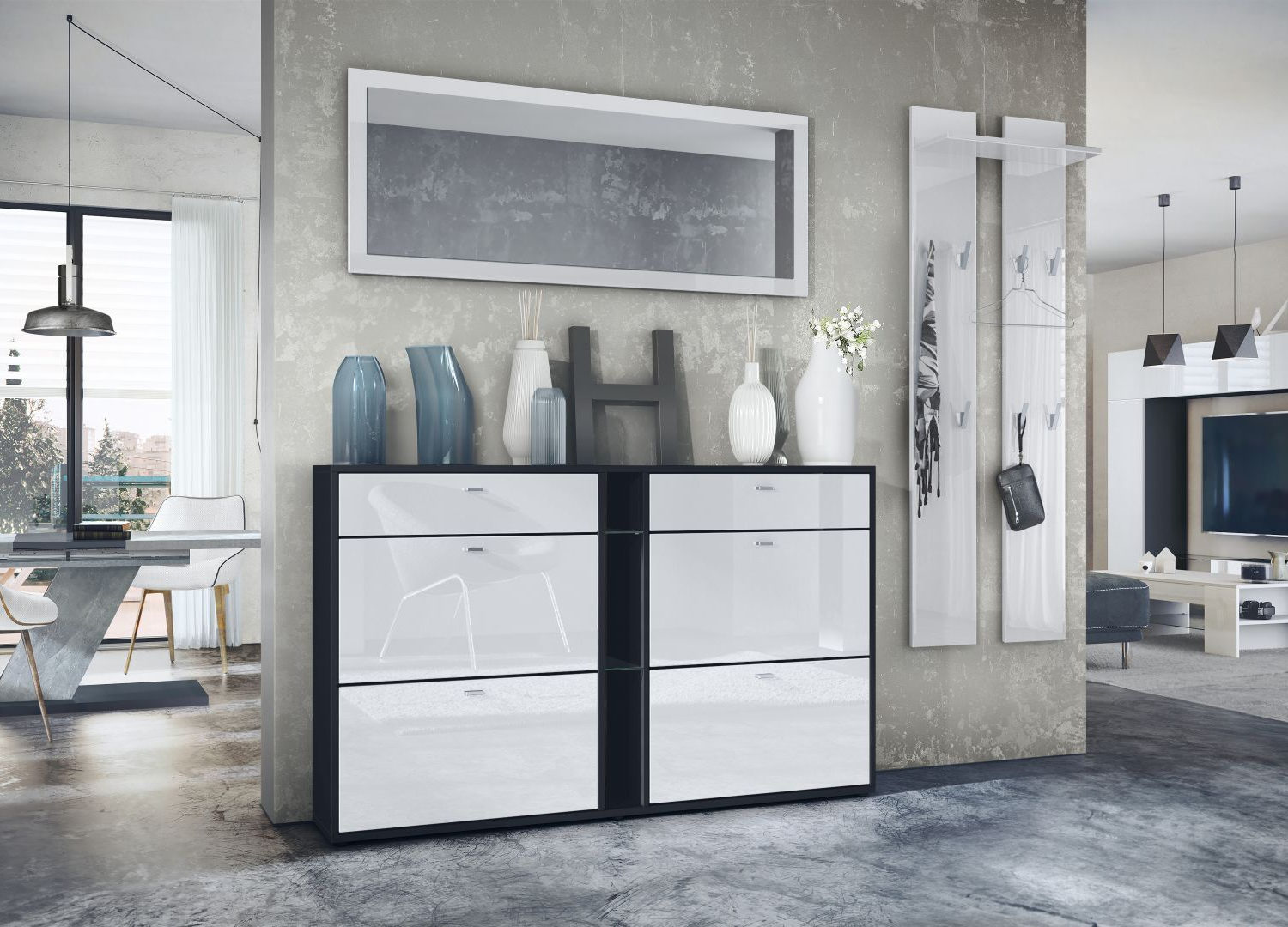 Meuble à chaussures blanc brillant et noir avec rangements et niche centrale, dans une entrée moderne