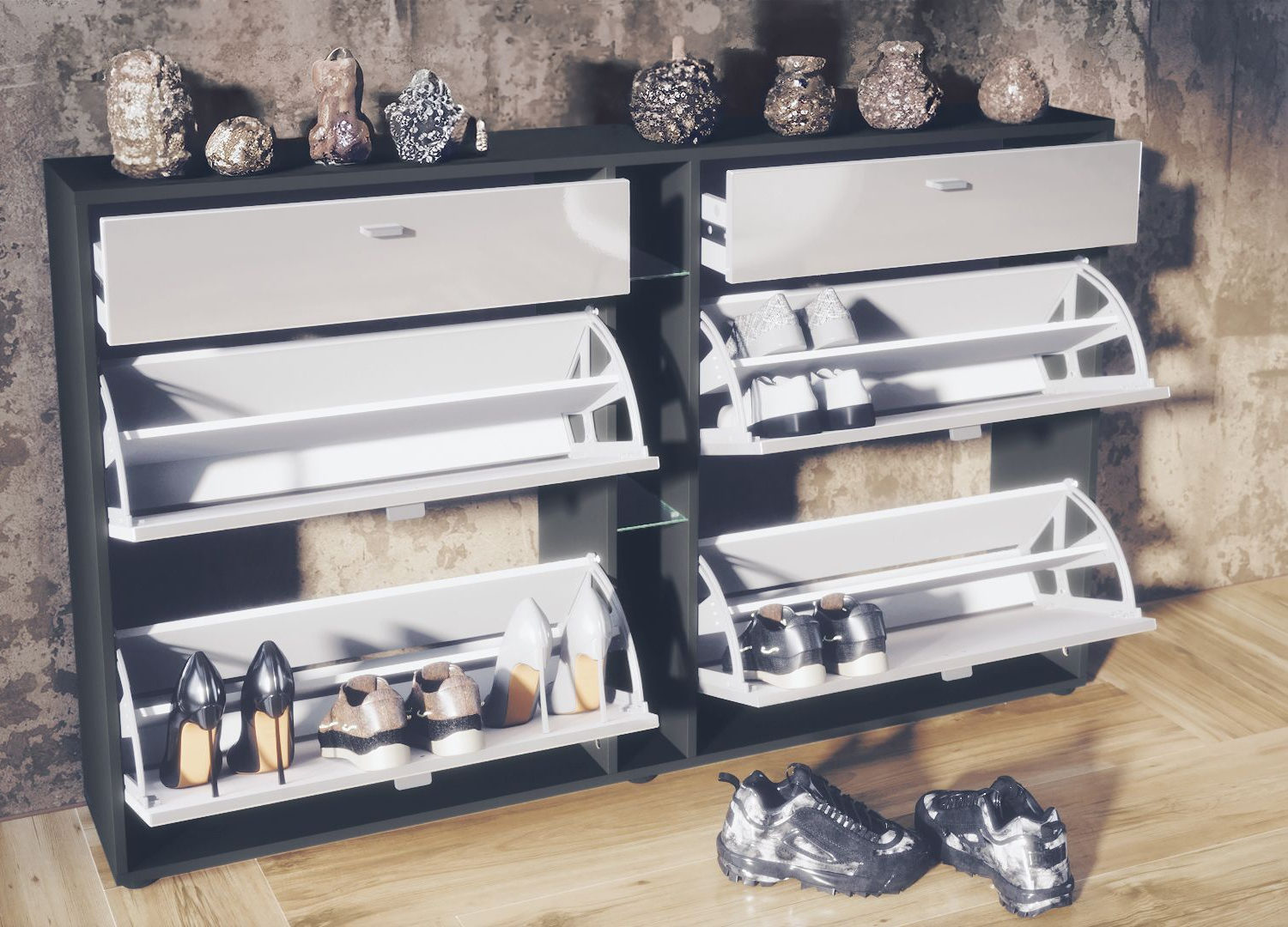 Meuble à chaussures noir ouvert montrant ses compartiments de rangement intérieurs