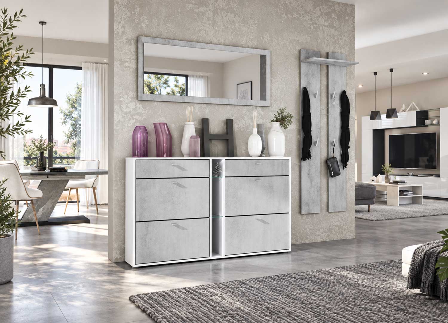 Meuble à chaussures aspect béton gris et blanc avec 6 compartiments et niche centrale décorative
